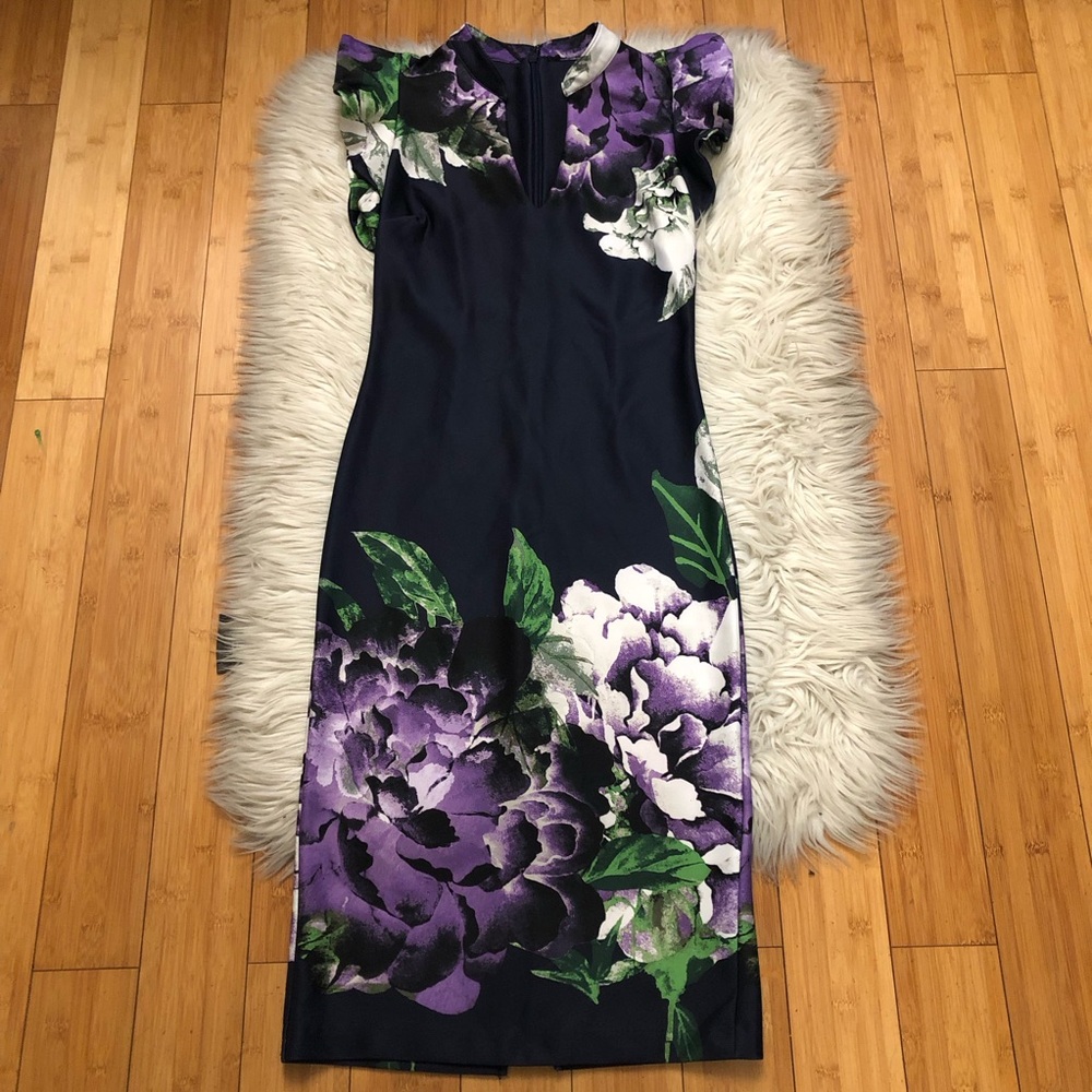 New York & Company Floral Flutter Sleeves Fitted Purple Navy Midi Dress size XS